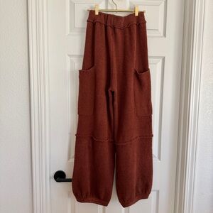 Cozy Terracotta Reddish Brown Fleece Knit High-Waisted Baggy Wide Leg Pants